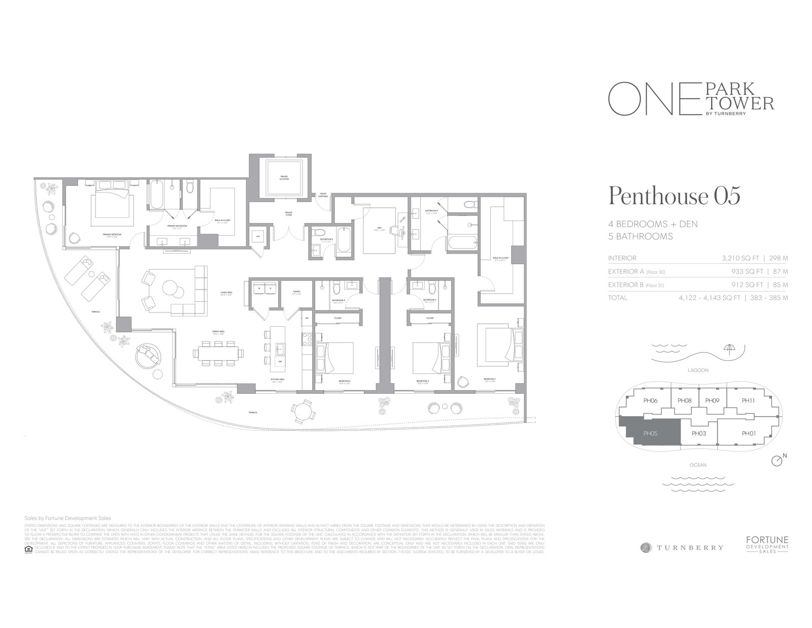 Penthouse 05 floor plan at ONE Park Tower: 4 bedrooms plus den, 5 bathrooms, 3,210 SF interior with a wrap-around terrace