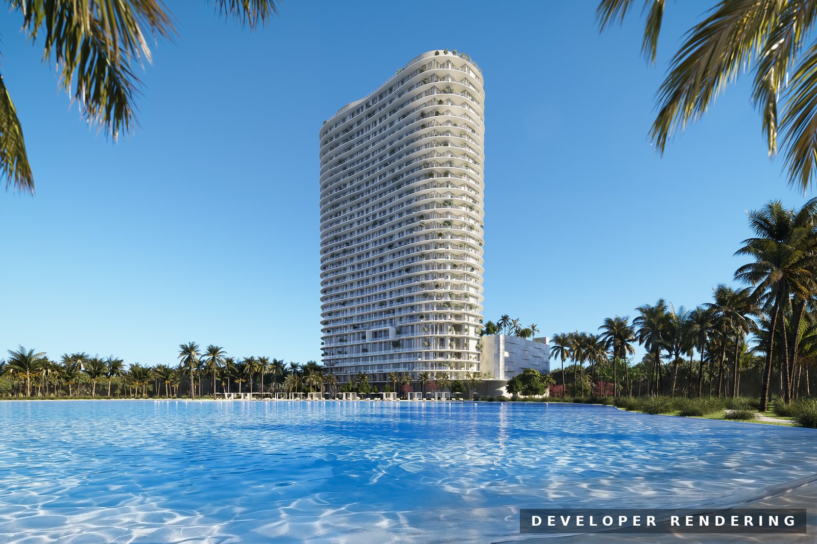 ONE Park Tower by Turnberry seen across the Crystal Lagoon at SoLé Mia, North Miami. Developer rendering.