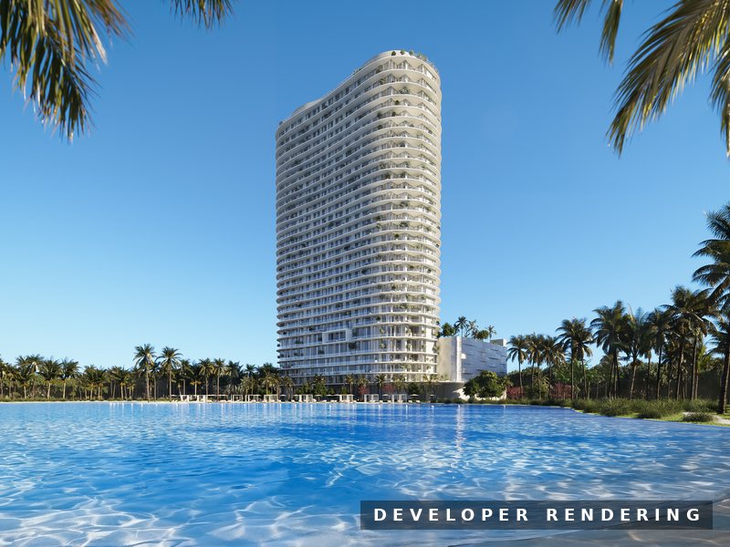 ONE Park Tower by Turnberry seen across the Crystal Lagoon at SoLé Mia, North Miami