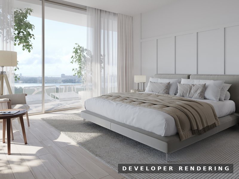 Model residence bedroom at ONE Park Tower, SoLé Mia, North Miami