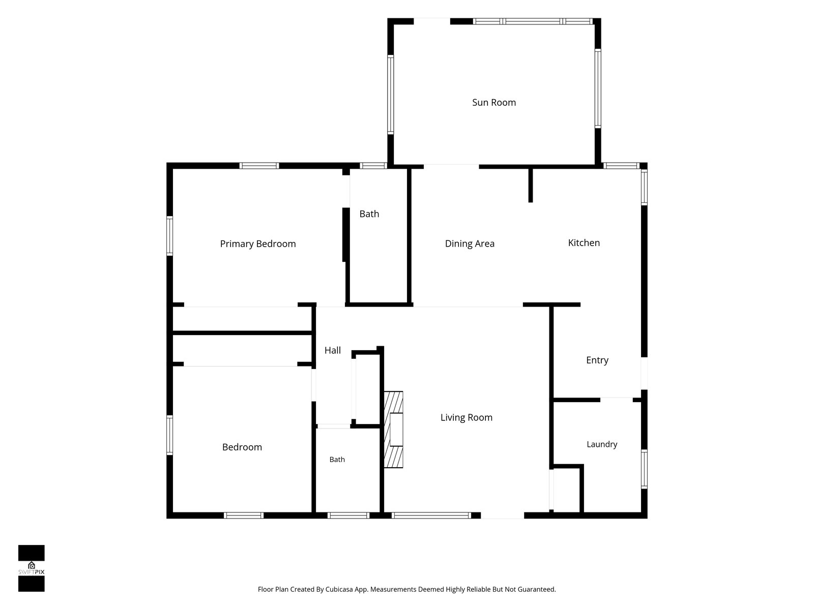 Floor plan of 3334 SW 64th Ave: living room, dining area, kitchen, entry, laundry, two bedrooms, two baths and a sun room at the rear