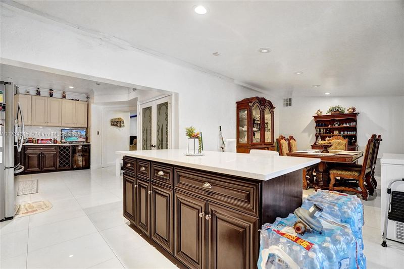 Kitchen island with the dining area beyond