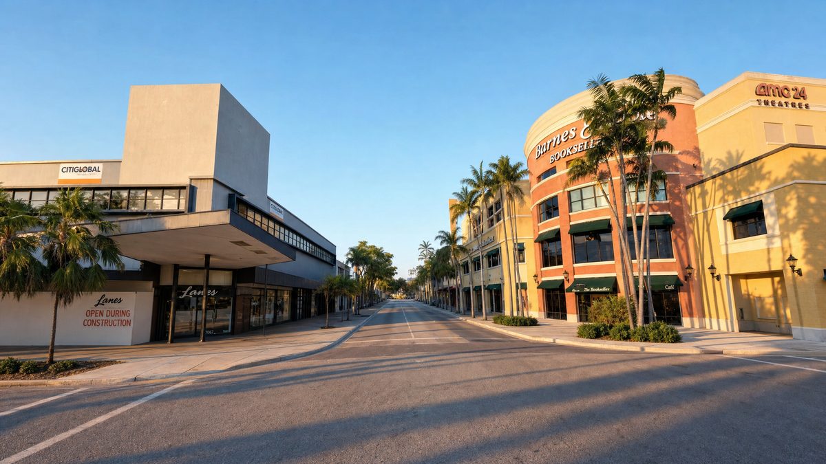 Sunset Drive in downtown South Miami with storefronts and shaded sidewalks.