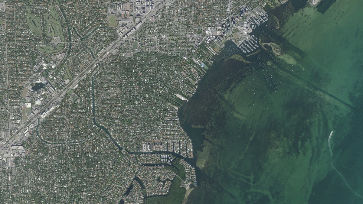 Overhead aerial of residential streets, canals and mangrove shoreline meeting Biscayne Bay