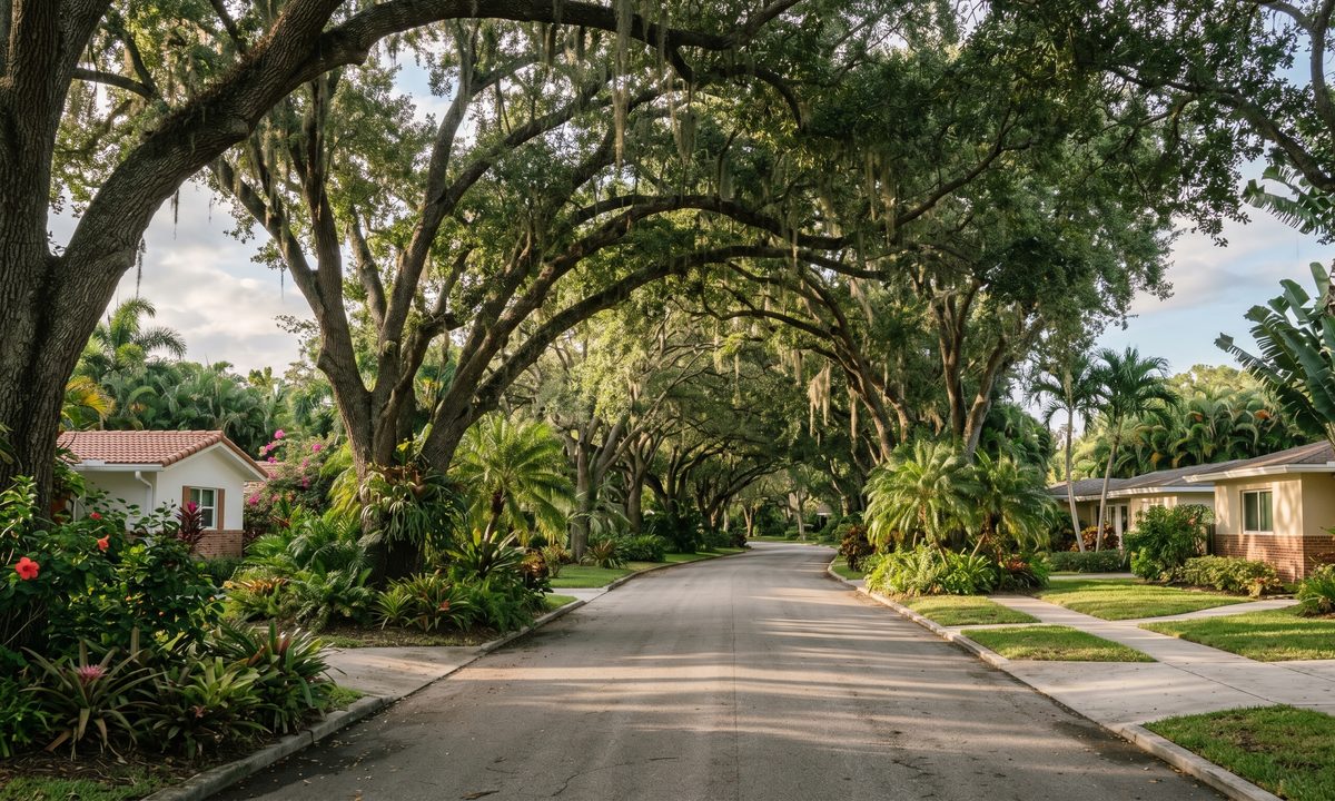 Residential street under a dense oak canopy with single-story homes and tropical landscaping