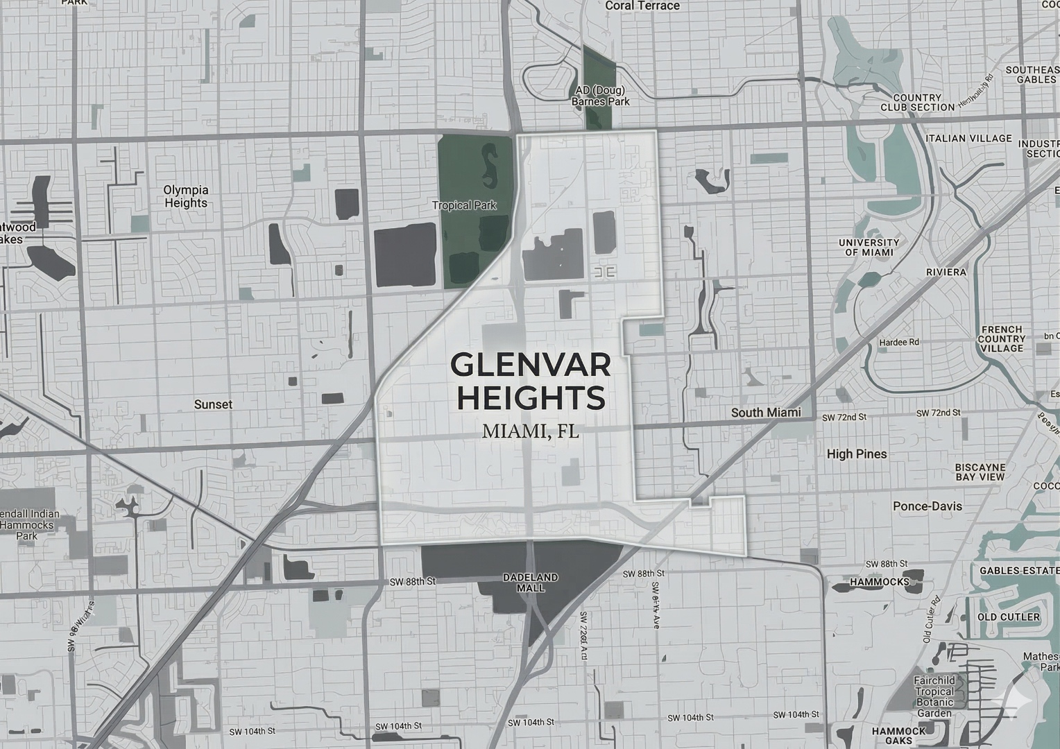 Map showing boundaries of Glenvar Heights in Miami, FL: bordered by the Don Shula Expressway to the west, SW 67th Avenue to the east, Bird Road to the north, and SW 84th Street to the south. Neighboring communities include Coral Gables, South Miami, Pinecrest, and Sunset.