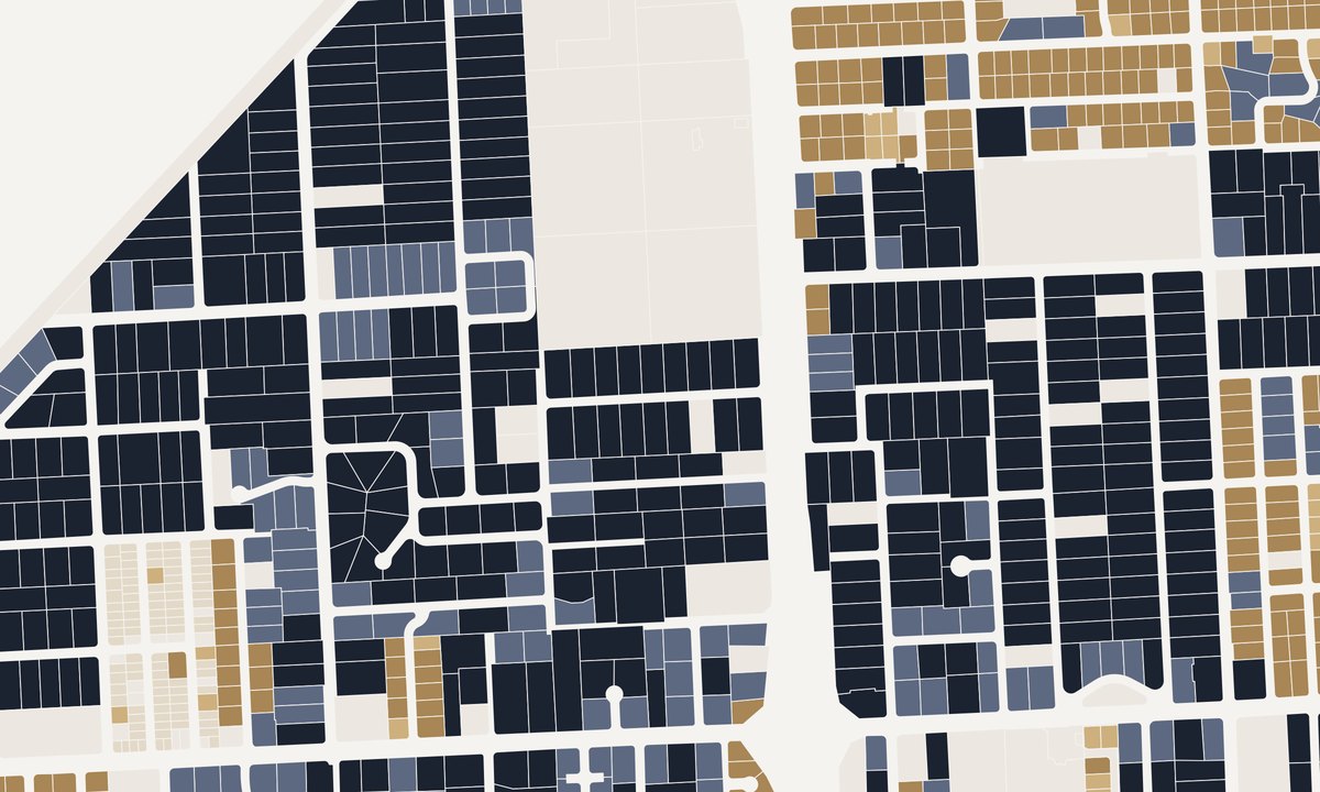 Map of central Glenvar Heights with every lot shaded by size, from under 10,000 SF in the lightest tone to over 35,000 SF in the darkest