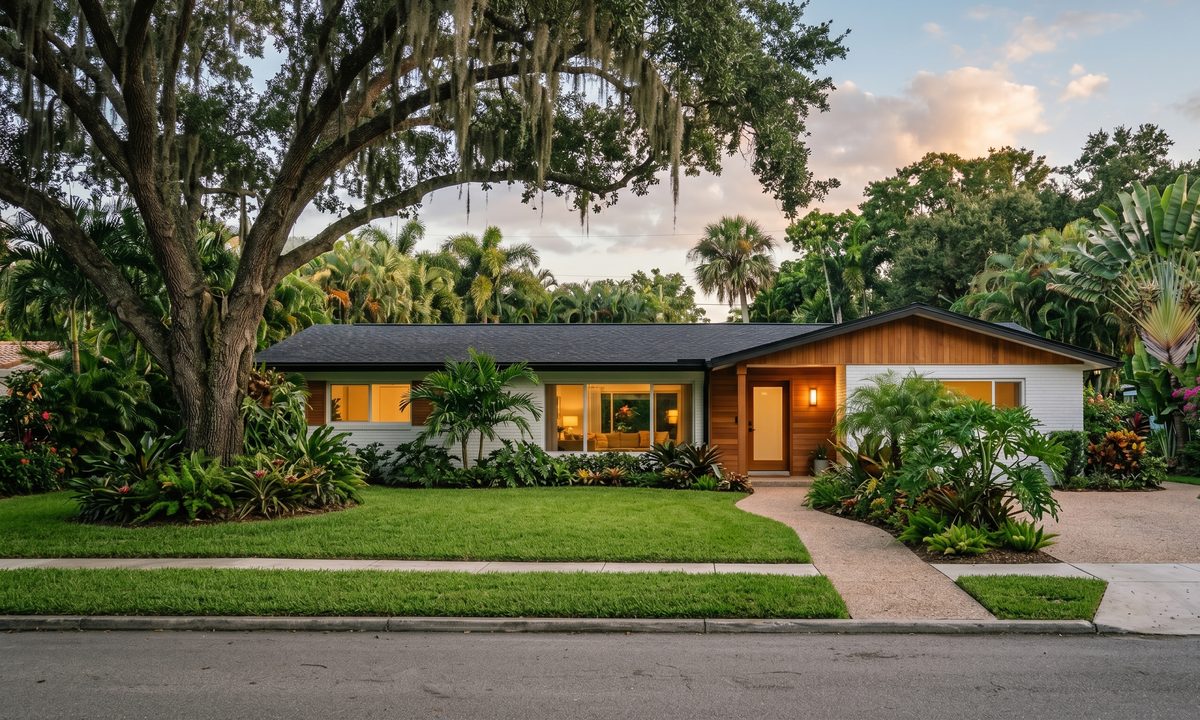 Single-story 1960s ranch house with a low-pitched roof, deep front lawn, and a mature oak