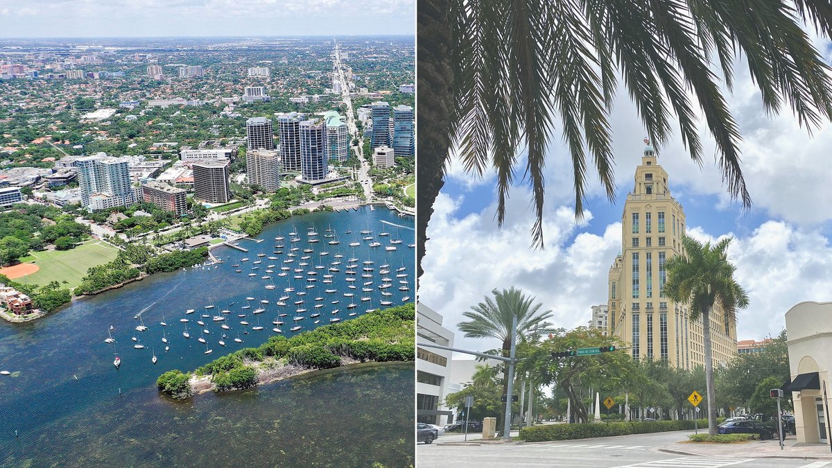 Left, an aerial of Coconut Grove's village core and the Dinner Key mooring field; right, a palm-framed tower on Ponce de Leon Boulevard in downtown Coral Gables