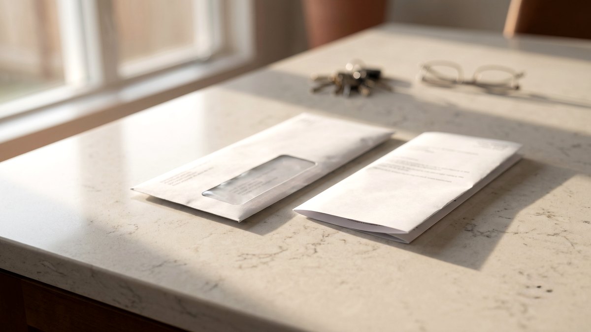 Unopened window envelope and a folded county notice on a kitchen counter beside house keys and reading glasses