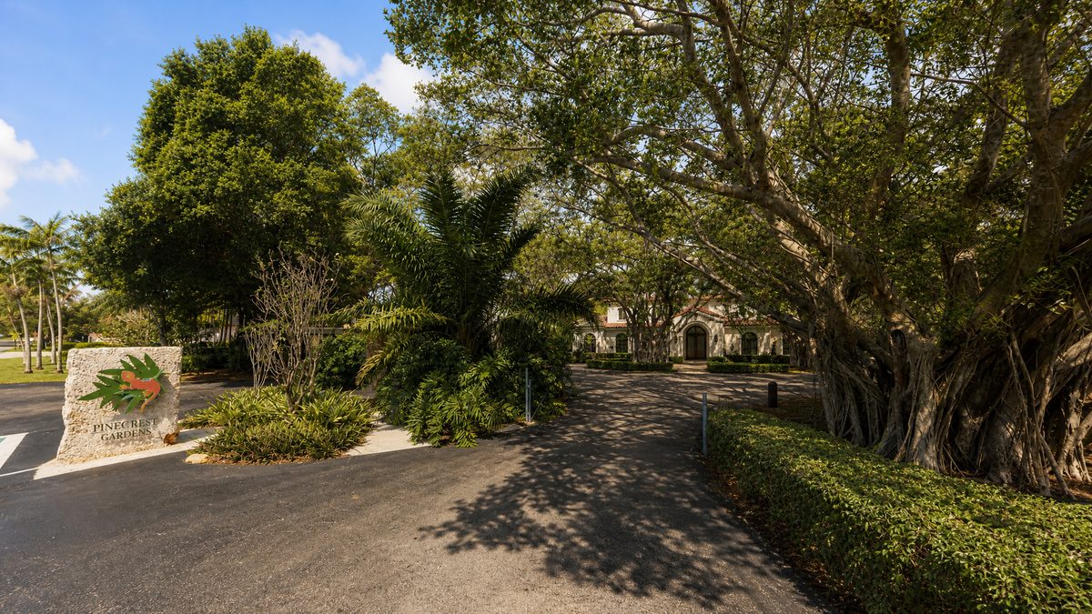 Tree-canopy residential street with estate homes in Pinecrest, Florida.