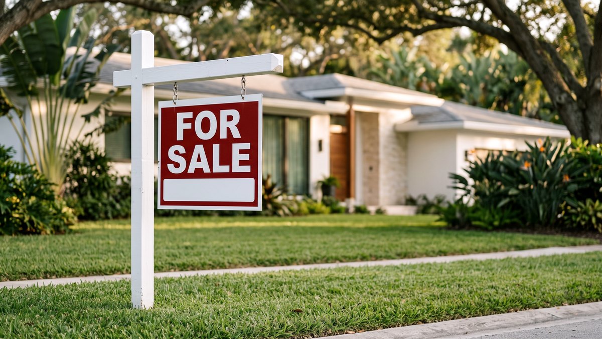 Real estate for sale sign in the front yard of a single-story coastal modern home with lush South Florida landscaping